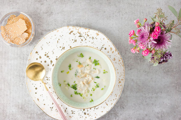 Lunch: New England Clam Chowder with Sesame Crisps (P)