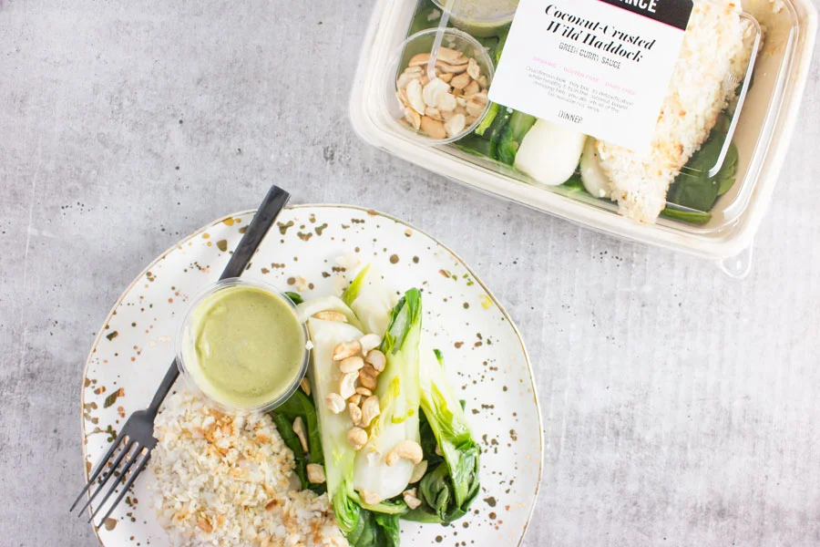 Dinner: Coconut-Crusted Catch of the Day with Green Curry Sauce (P)