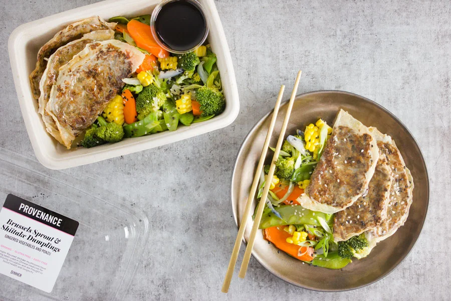 Dinner: Shiitake and Brussels Sprout Dumplings with Gingered Vegetables and Ponzu