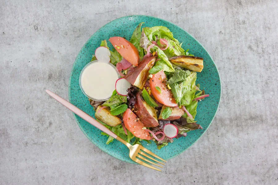 Japanese Sweet Potato and Quince Salad with Tahini and Dukkah (VG, P)