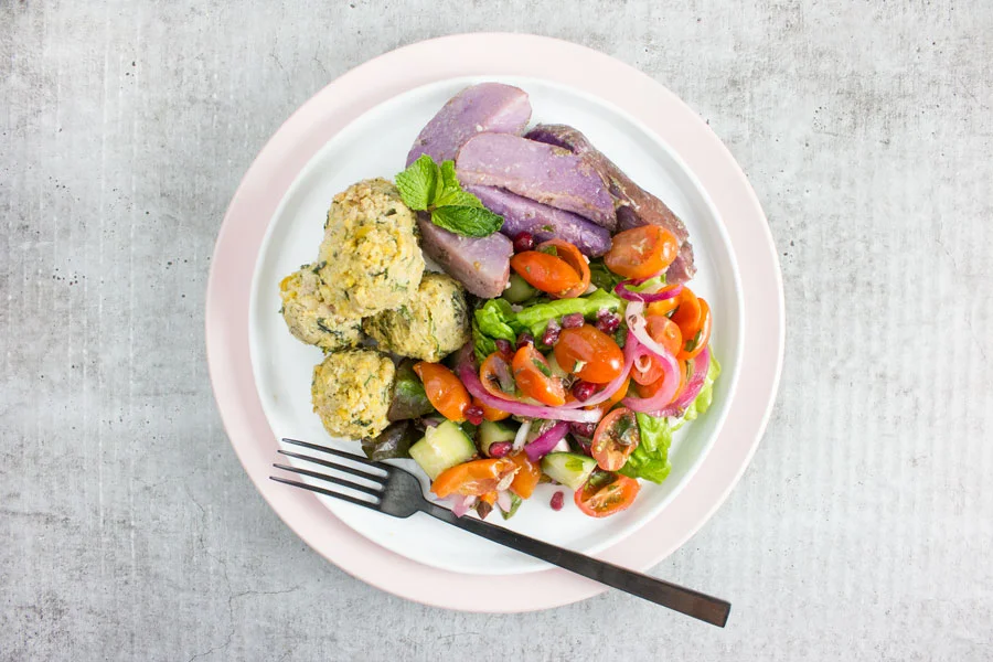 Dinner: Herb Falafel with Tomato Pomegranate Salad and Green Tahini