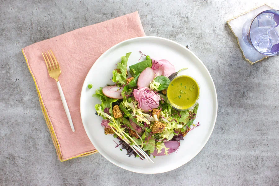Lunch: Spring Vegetable Panzanella with Creamy Chive Dressing (Add on chicken or egg)