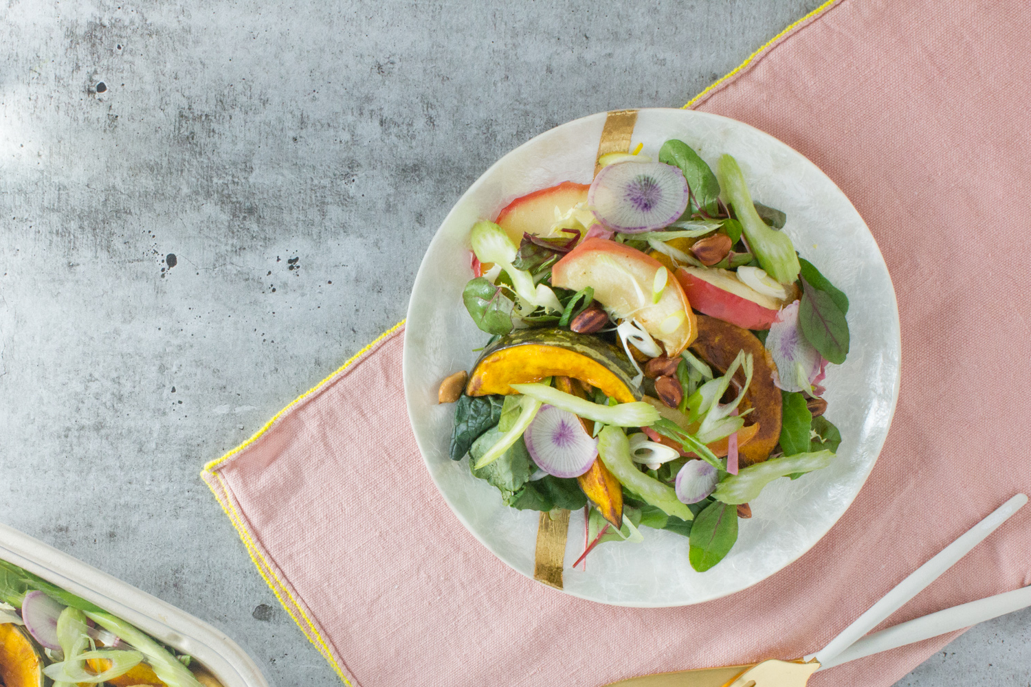 Lunch: Apple Celery Salad with Kabocha Squash and Chili Almond Dressing