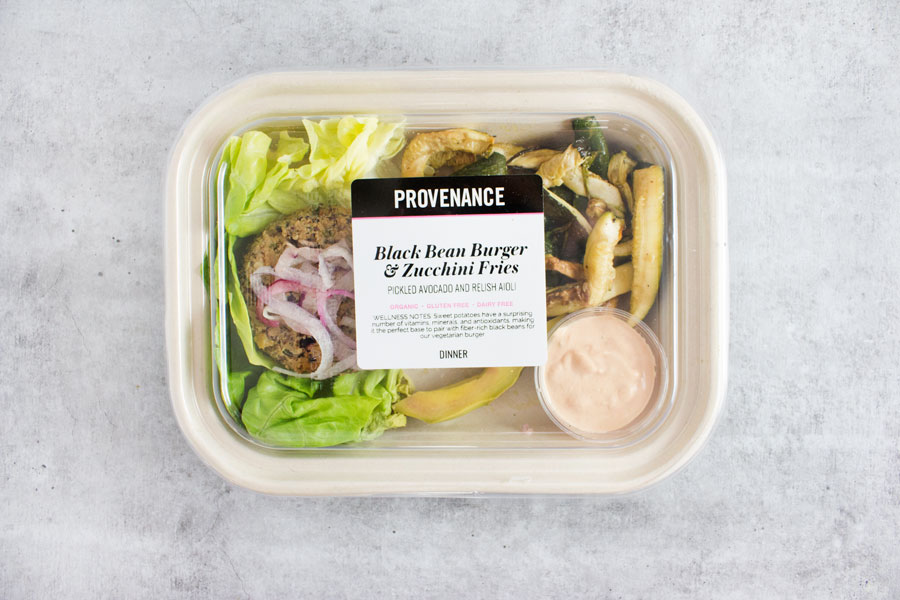 Dinner: Black Bean Burger with Zucchini Fries and Pickled Avocado