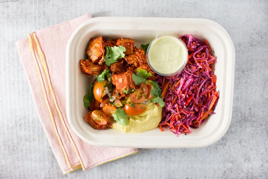 Dinner: Chipotle Jackfruit with Jicama Slaw and Avocado Sauce