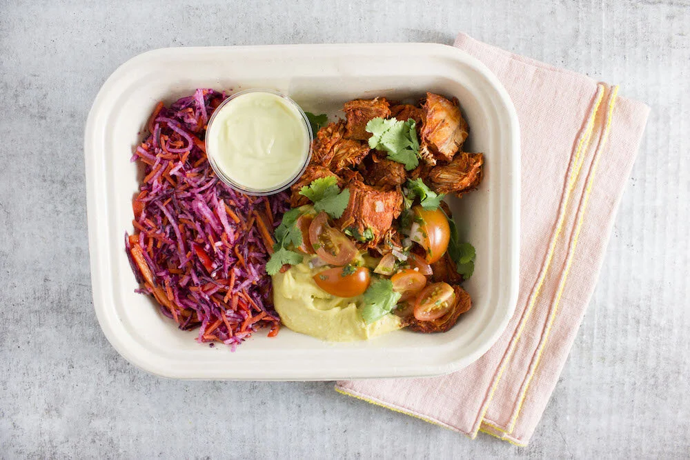 Chipotle Jackfruit with Jicama Slaw and Avocado Sauce