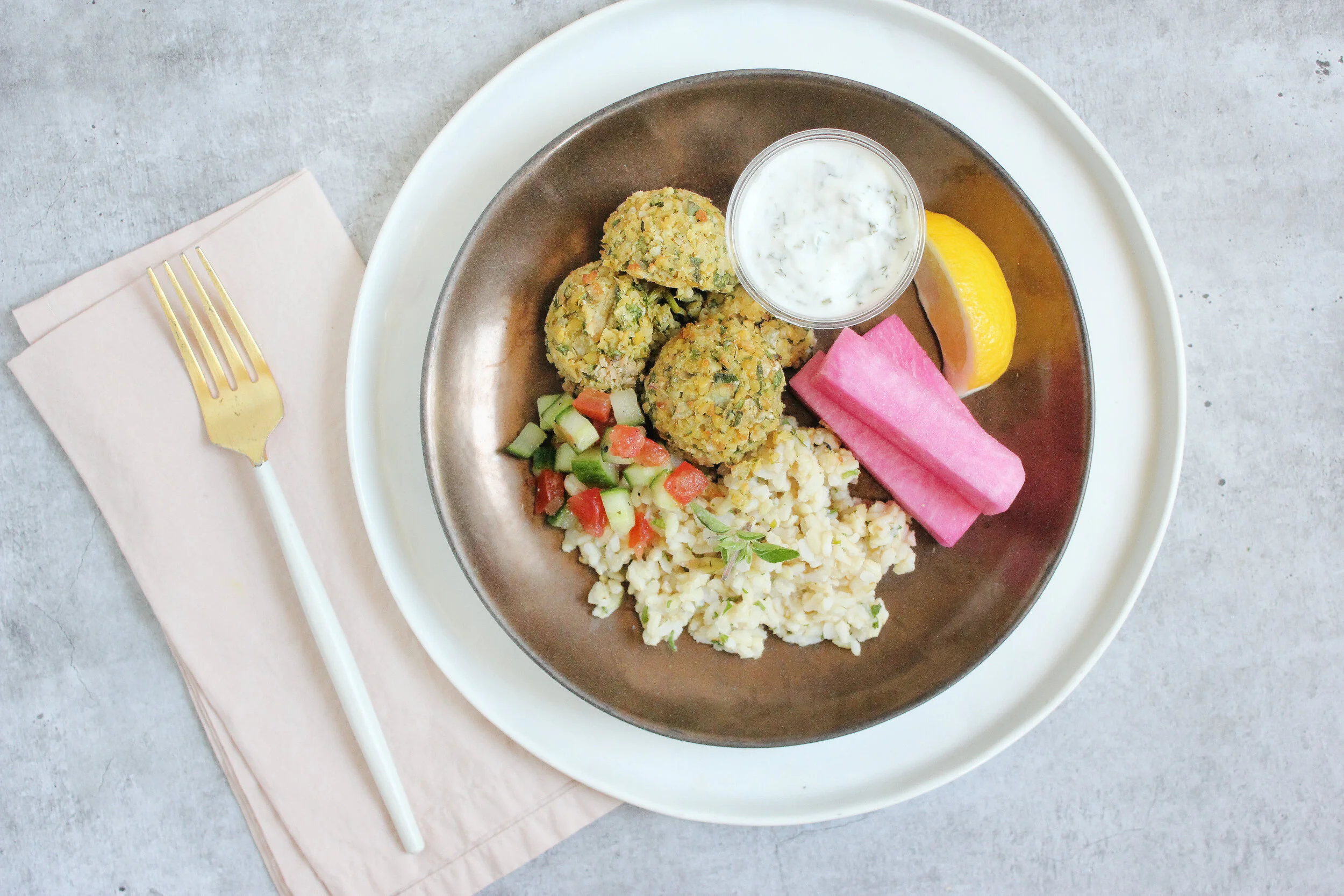  Lemon Rice Falafel Platter with Coconut Tzatziki 