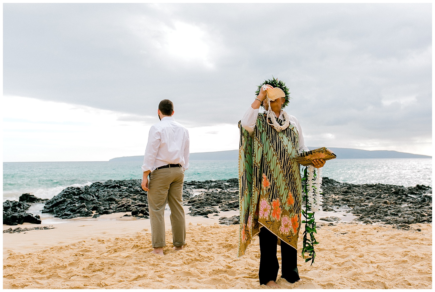 Blowing of the Pu during Hawaiian wedding ceremony