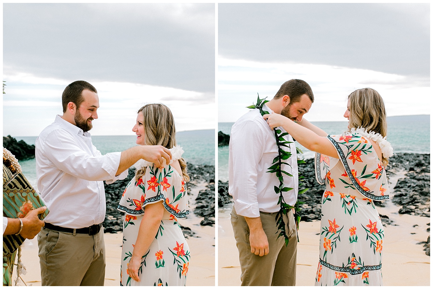 Bride and groom exchanging leis on Maui beach