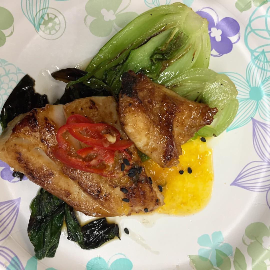 Miso Glazed Cabrillo with Pickled Fresno Chiles, Yuzu, Mandarin Compote, and Baby Bok Choy