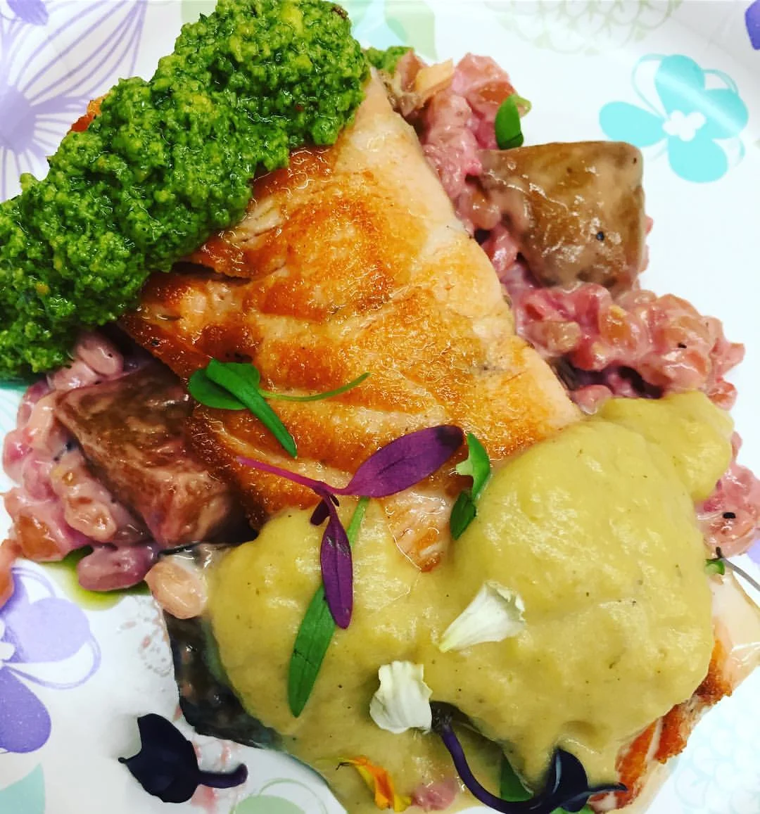 Salmon with a Pistachio Dill Chimichurri, Creamy Farro and Roasted Beets