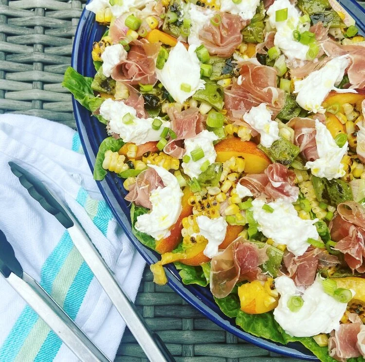 little gem prosciutto salad with grilled corn and romano beans