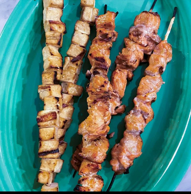 grilled salmon and tofu skewers