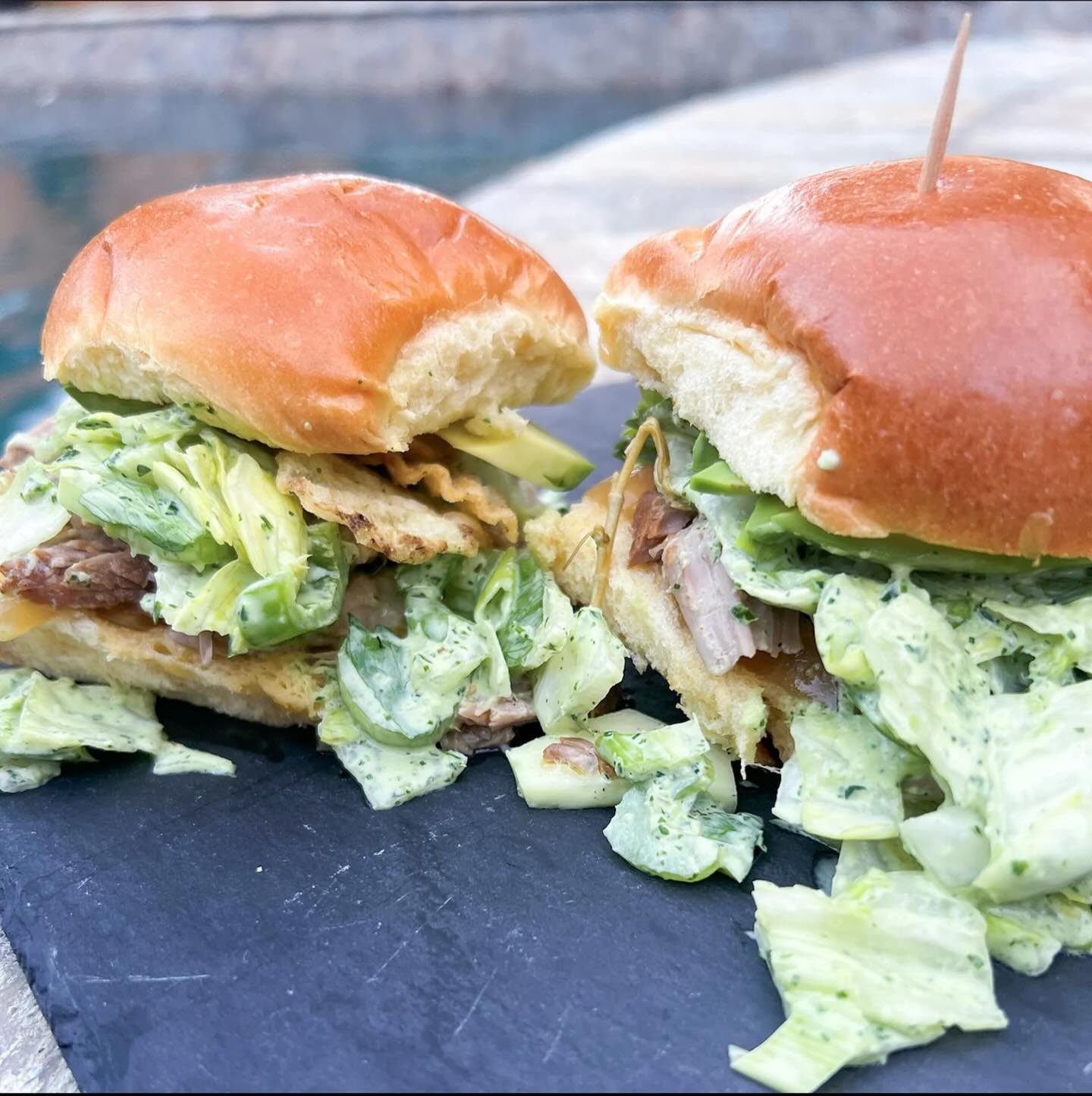 Agrodolce braise pork shoulder sliders topped with dill pickle salad. And yes- those are potato chips you see, and the perfect football watching crunch- don't judge me. 

dill pickle ranch

ingredients: 

garlic clove
shallot
2 T dill pickle juice
2 