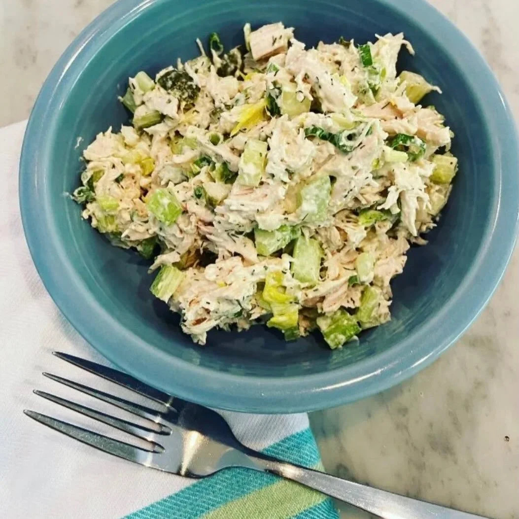 Chicken salad all over your fyp? Let me throw my hat into the ring...

Ingredients: 

2-3 c of diced chicken
8 ribs of celery, diced
6 scallions, sliced
handful of dill pickles, chopped
1/2 c mayo
2 t Dijon 
1 T dried dill (or one handful fresh, minc