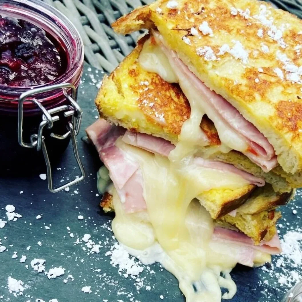 Brunch... but elevated.

Monte cristo makes everything better.

Ingredients:

10 eggs
1 c heavy cream
1 pinch of salt
1/8 c of granulated sugar
6 slices of port salut cheese
12 slices of ham
12 slices of sourdough bread
1 T butter
dijon mustard
mayo

