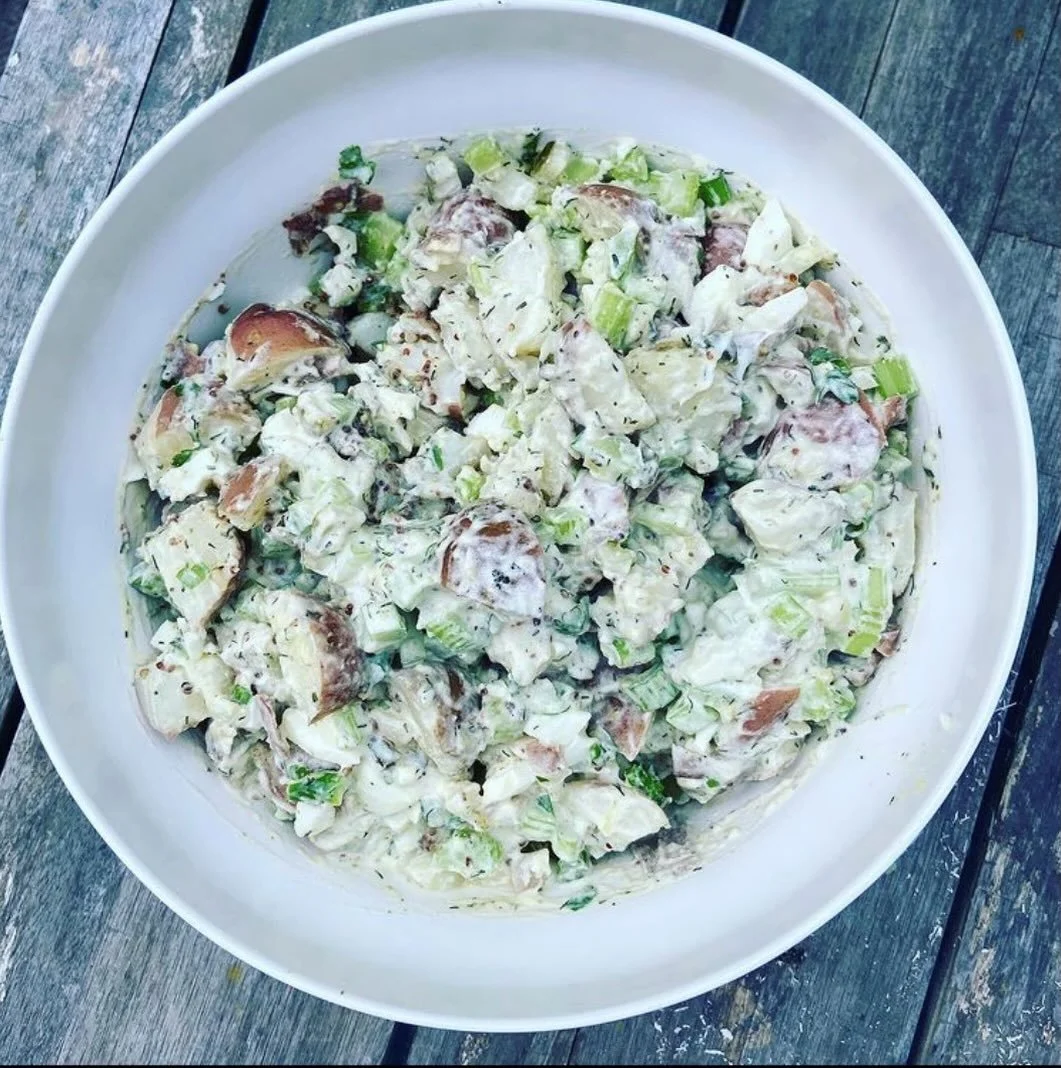 Potato salad... it's a classic for a reason.

Ingredients:

20 baby red potatoes, quartered
3 hard boiled eggs, chopped
1 bunch scallions, sliced
1/2 bunch italian parsley, chopped
5 stalks celery, chopped
1/2 c chopped dill pickles
1 T sour cream
1/
