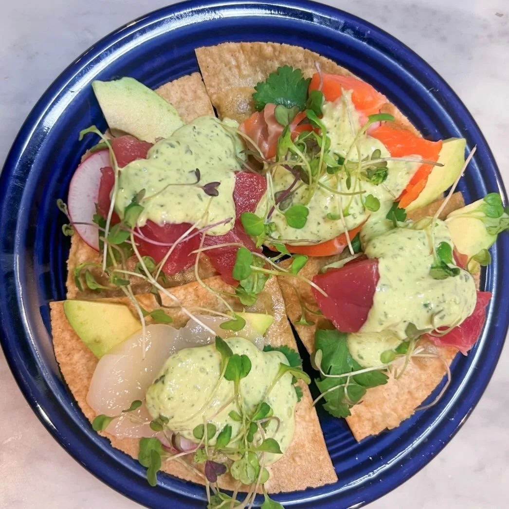 Sashimi tostadas with homemade cilantro aioli...

Ingredients:

1 egg

1 tsp dijon

1 tsp salt

juice of 1/2 lemon

3/4 cup avocado oil

juice of 1 lime

1 clove garlic

2 green onions, chopped

1 bunch cilantro leaves

Directions:

Place egg, dijon,