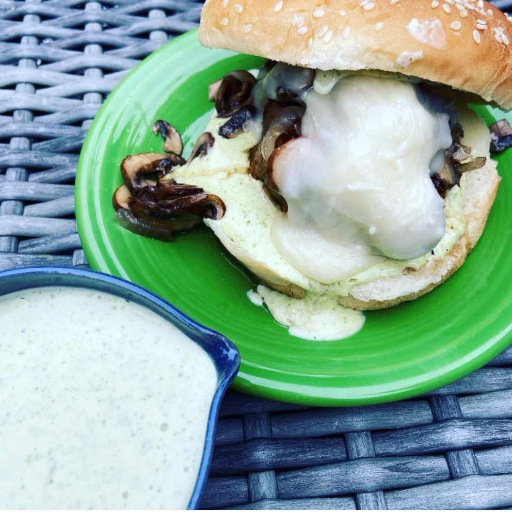 Do you use ground pork in your burgers?

I find them particularly tasty when paired with grilled mushrooms and onions, topped with melty cheese and slathered with a tarragon aioli...

Ingredients:

1 c mayo
2 large sprigs of tarragon, stems removed
3