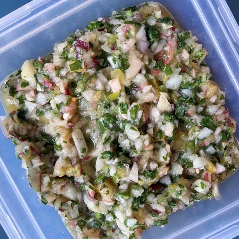 About that white peach salsa from yesterday's salmon taco post...

Ingredients:

1 yellow heirloom tomato
3 white peaches
1 shallot
1 bunch cilantro
1/2 large or 1 small jalape&ntilde;o, stemmed and seeded
1/2 t salt
juice of two limes

Directions:

