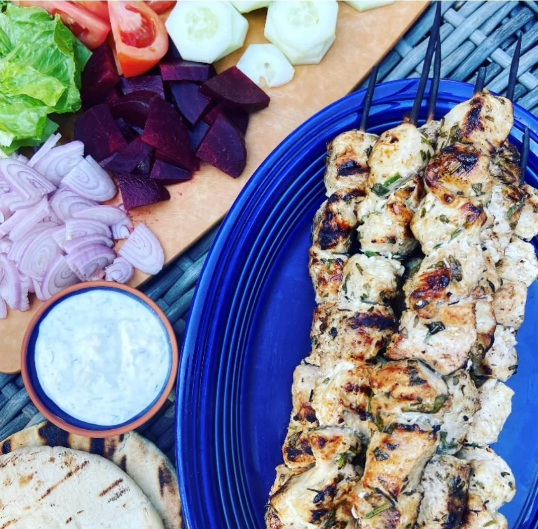 Grilled chicken souvlaki is kinda my jam... let's make it yours too...

Ingredients:

5 chicken breasts, cut in approximately 2 x 1 inch pieces
1/3 c evoo
4 cloves of garlic, minced
3 T fresh chopped oregano (approximately 6 sprigs)
2 T fresh chopped