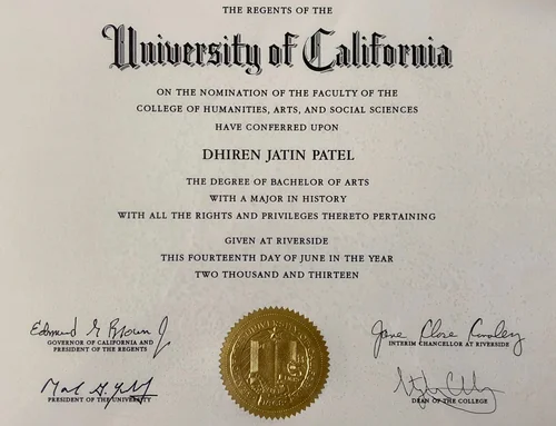 Bachelor of Arts in History diploma, University of California, Riverside