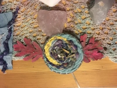 A textile talisman consecrated on my altar with blessings of mighty Oak and dreamy Mugwort.