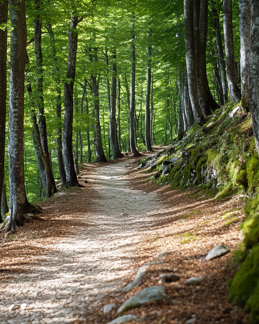 A winding dirt trail through a dense green forest with tall trees and moss-covered rocks, symbolizing narrative storytelling is a journey.