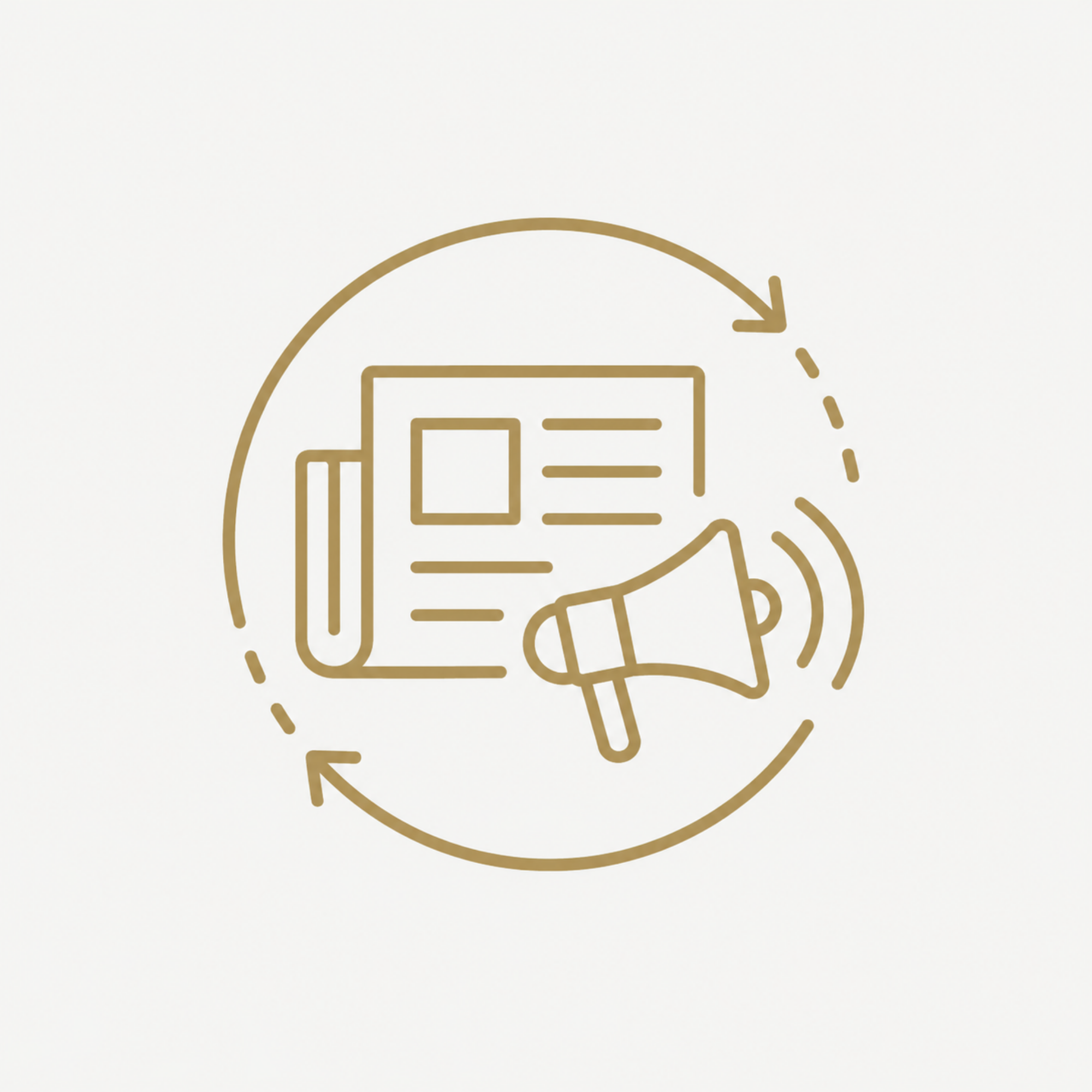Minimalist design with a gold outline of a clipboard and a pen on a white background.