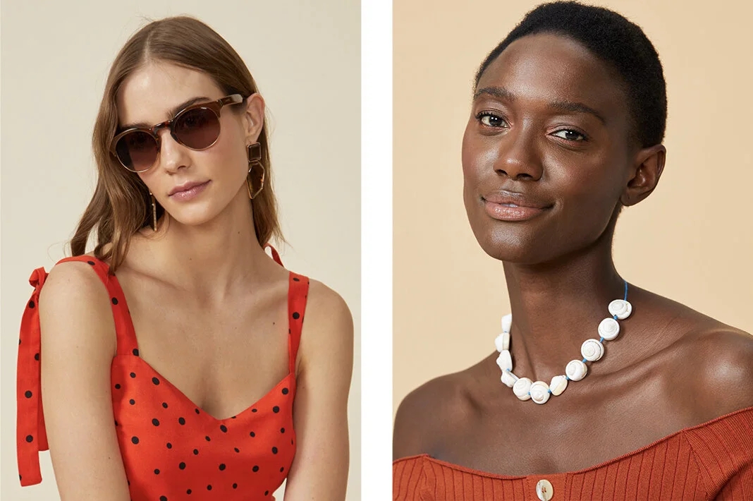 PRODUCTS: Round metal and acetate sunglasses, natural shell choker.