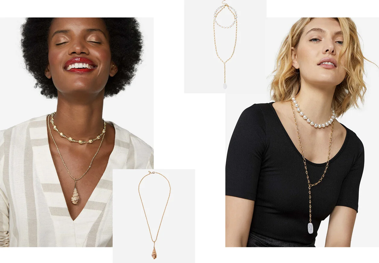 PRODUCTS: Natural shell clad necklace, 2 layer necklace with pearls and chain.