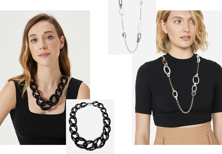 PRODUCTS: Short chain necklace, long link detail necklace.