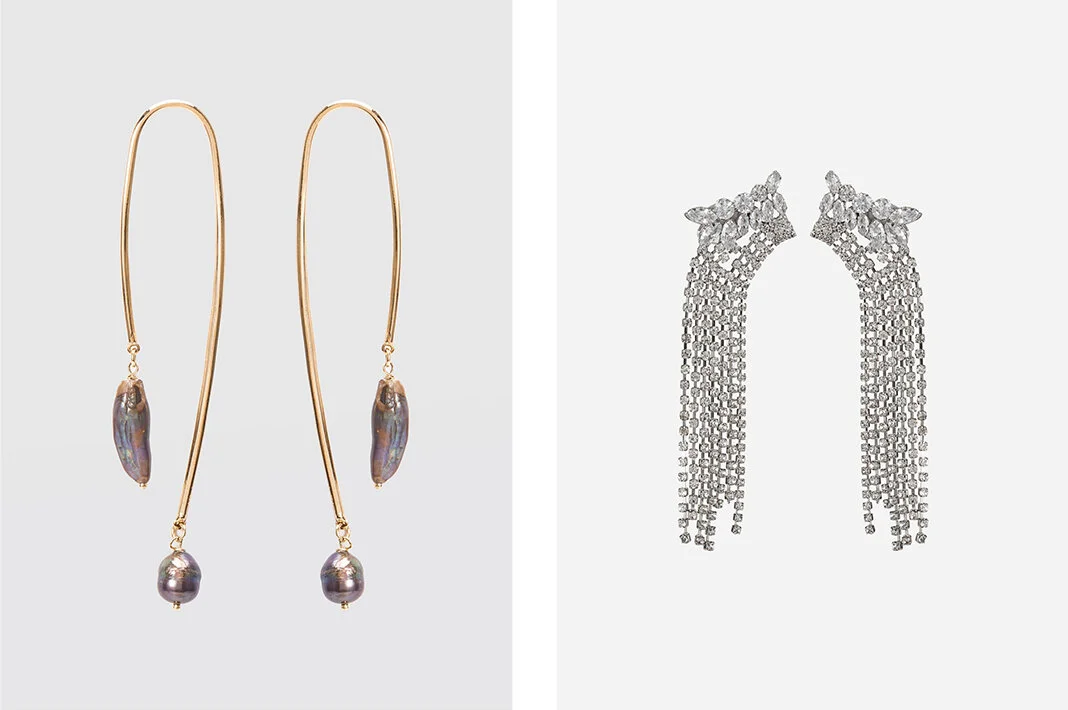 PRODUCTS: Irregular pearl plated earring, crystal cascade earring.