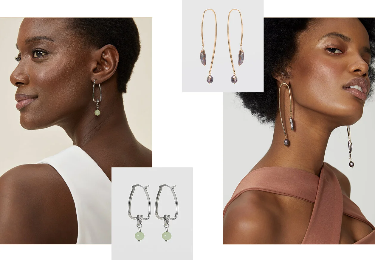 PRODUCTS: Earring with irregular pearls, earring in stone pendant.