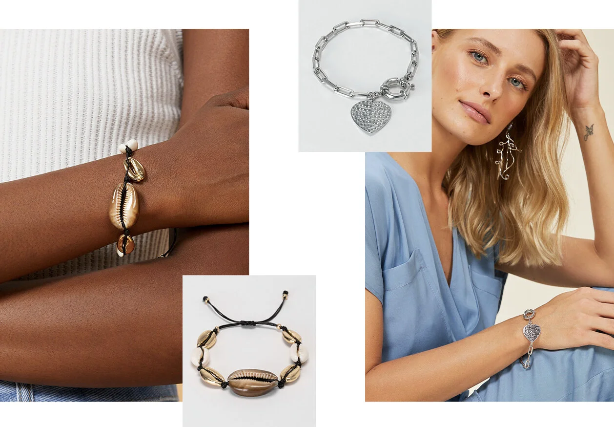 PRODUCTS: Clad heart bracelet, adjustable shell bracelet.