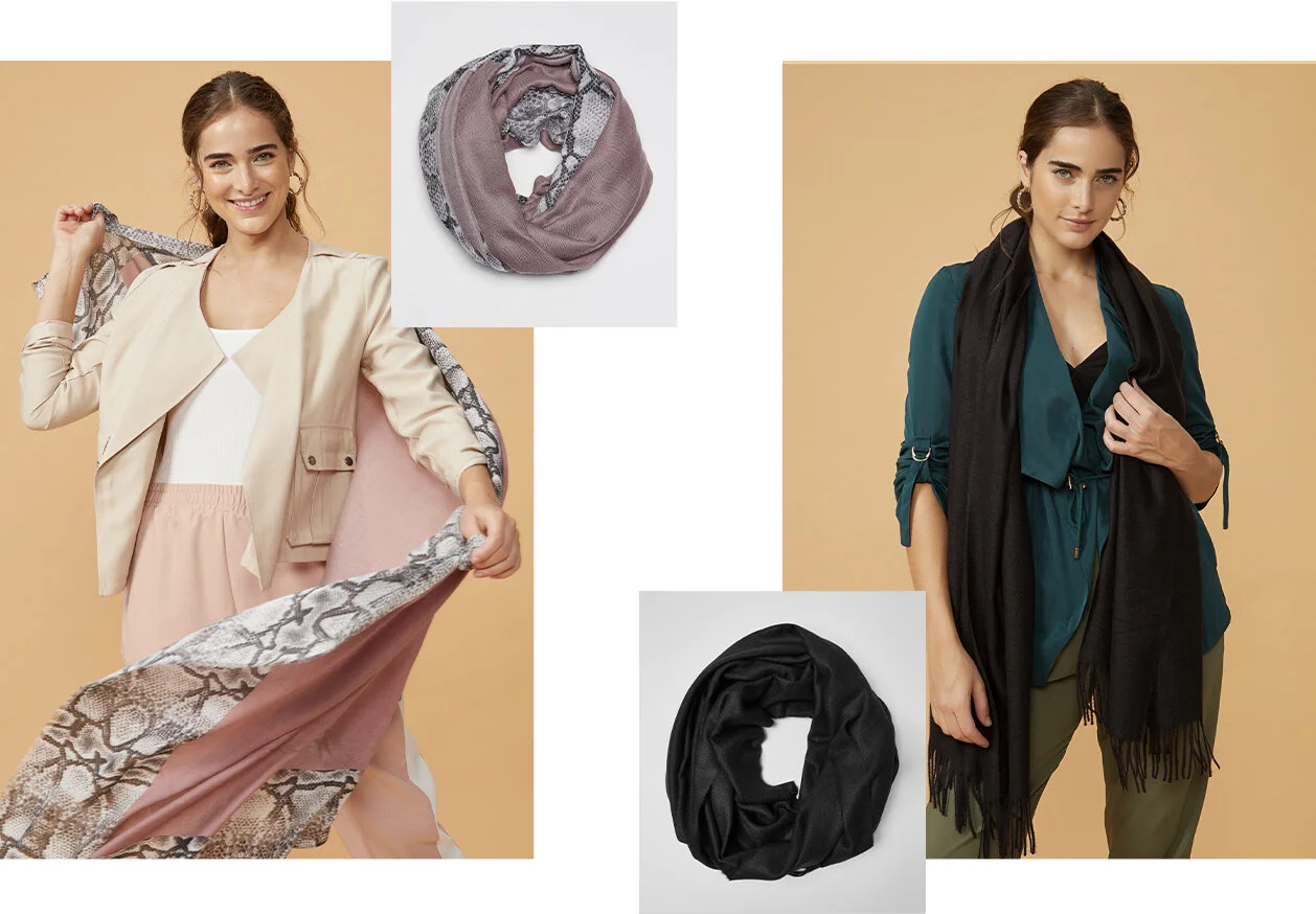 PRODUCTS: Barred snake scarf, basic scarf.