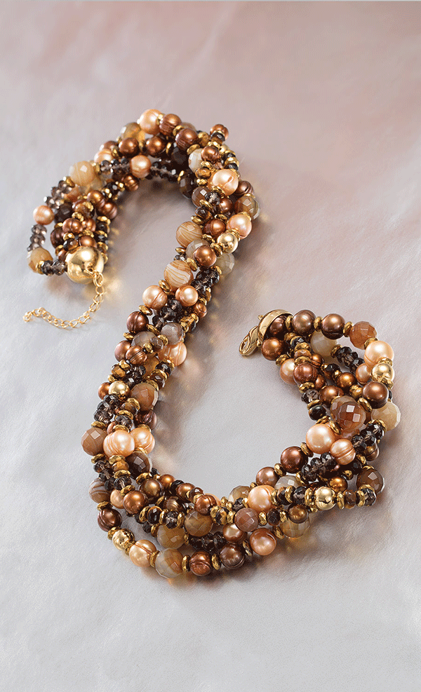HONORA GOLD FIX Bold accessories are a woman's armor. Stay Bold and Stay Gold in twisted layers of pearls &amp; Botswanna Agate from Honora Gold Fix, an extension of the Vitality collection.