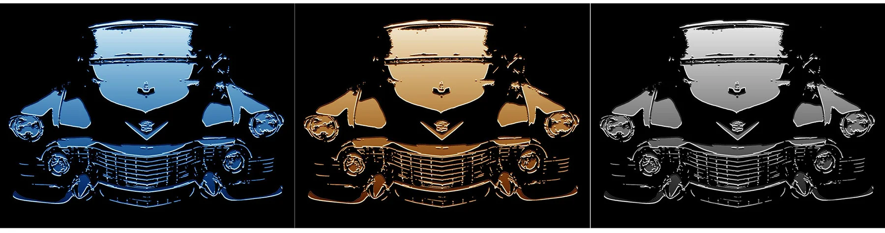 55 Cadillac "CaddyGrill" Triptych-Blue/Gold/Metallic- as shown, Museum Mount Plexiglas, as grouped 20x90, each panel is 20x30 Custom Order