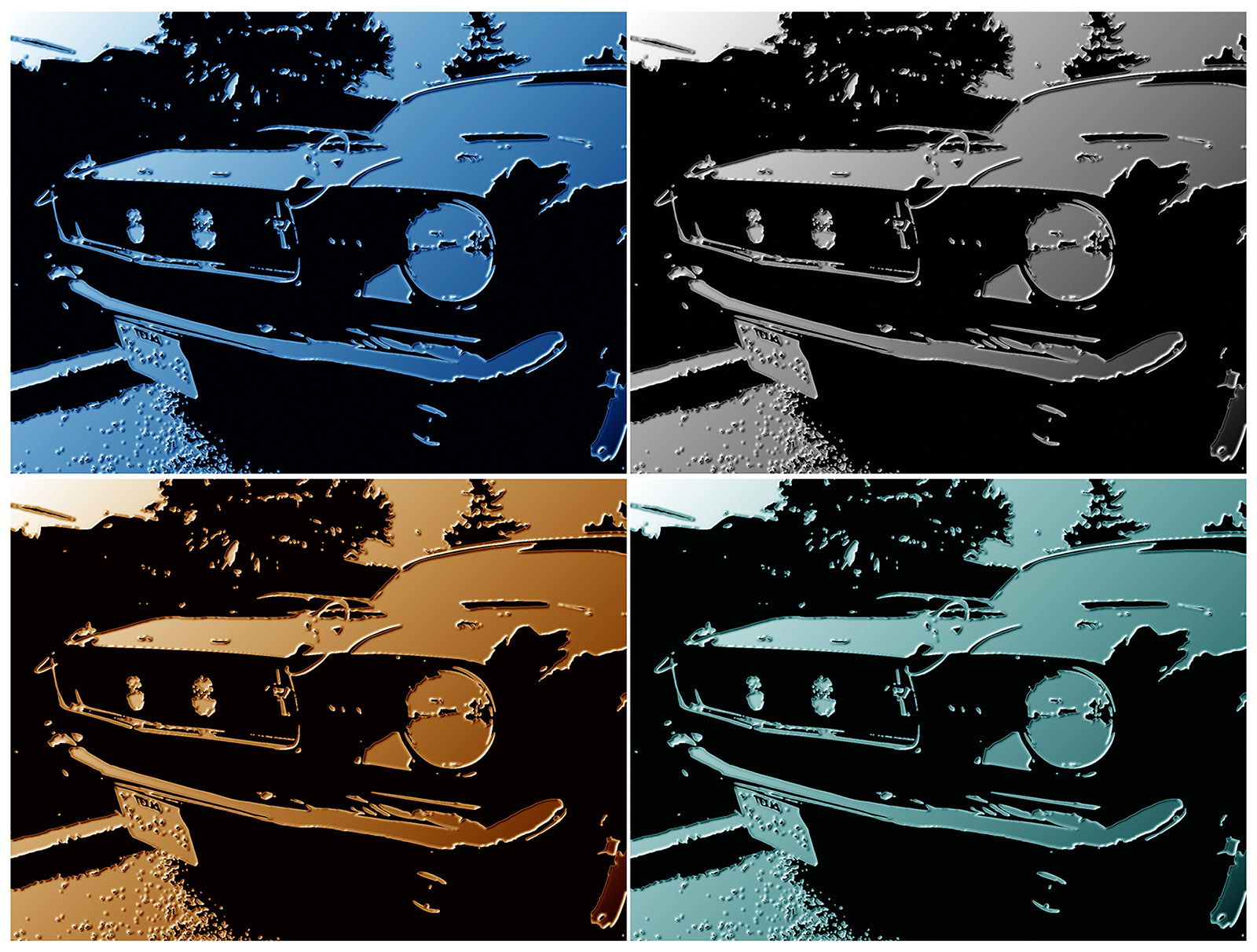 65 Mustang "65GT350Grill" Triptych Blue/Metallic/Gold/Cyan as shown, Museum Mount Plexiglas, as grouped- 40x60, each panel is 20x30 Custom Order