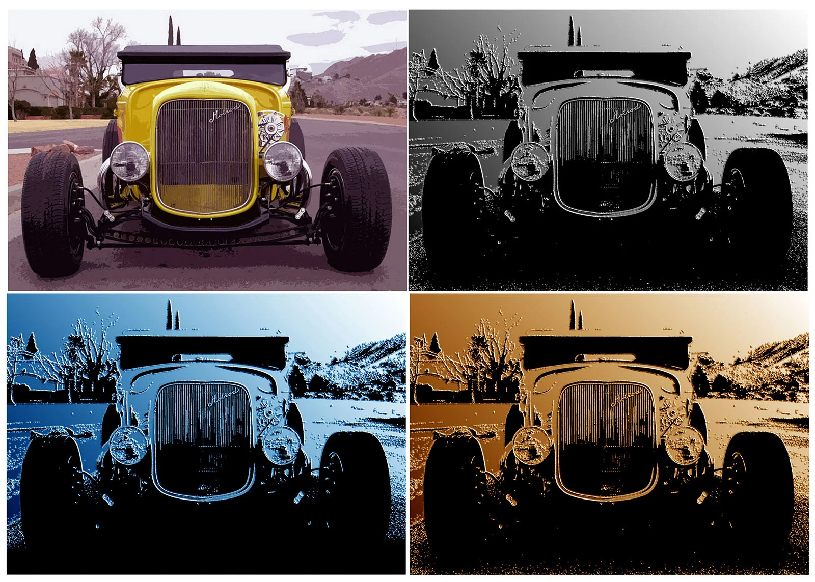 "32CoupeGrill" Quadriptych -Cut/Metallic/Blue/Gold- Von Dutch Hot rod, as shown, Museum Mount Plexiglas, as grouped-40x60, each panel is 20x30 Custom Order