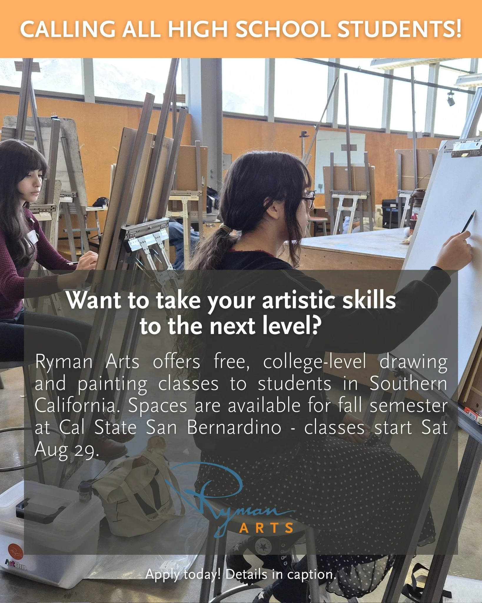 @rymanarts offers free college-level classes in drawing and painting for high school students. There is still space available at their Cal State San Bernardino campus for classes this fall, with classes on Saturday afternoons beginning on August 29. 