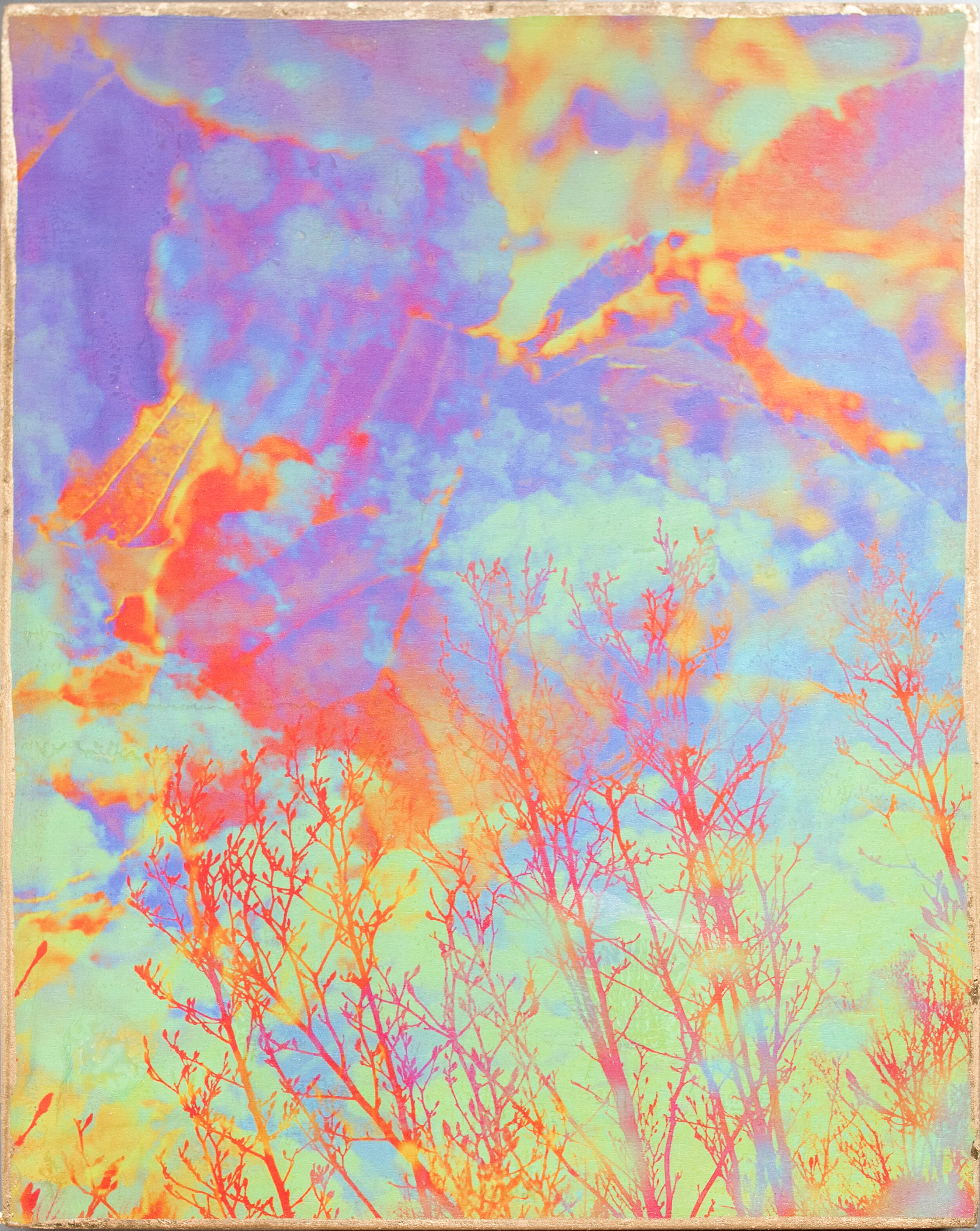  Hyperstimulation 0410, 2018 8x10”  Inkjet Photo Transfer on Birch, Gold Leaf, 3D Glasses 