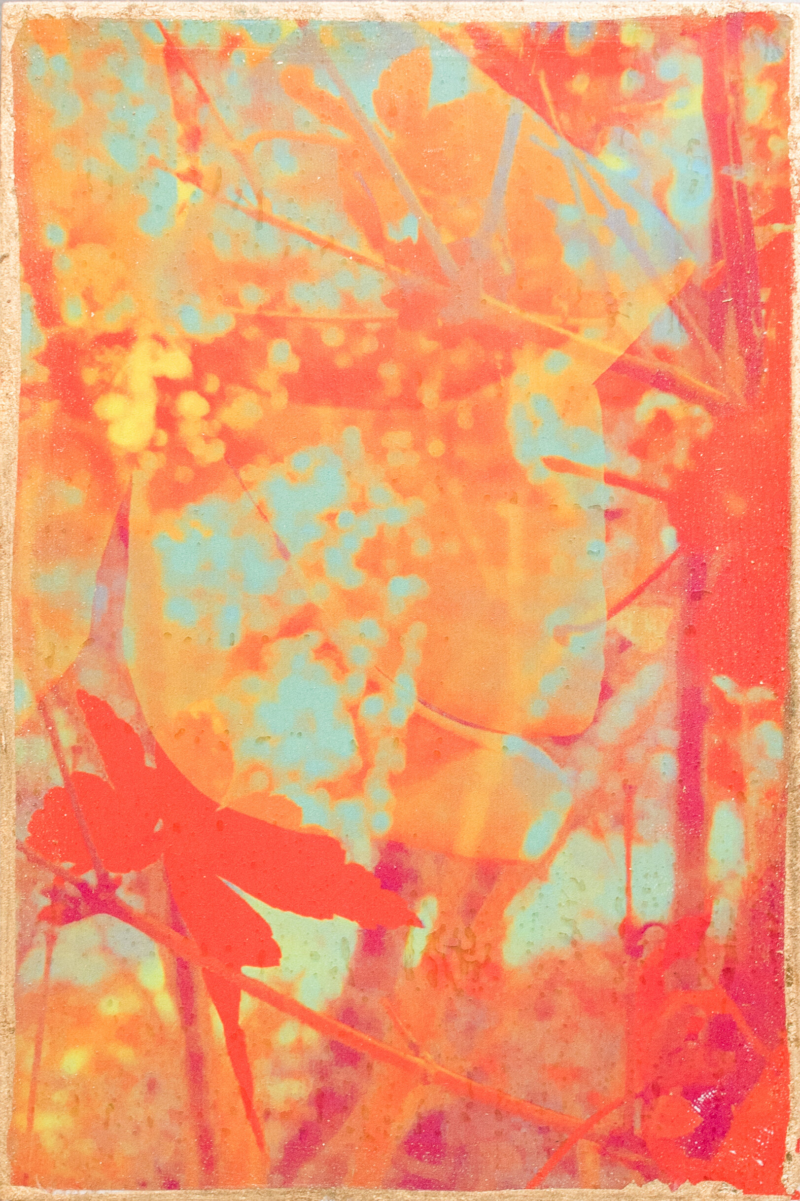  Hyperstimulation 0427, 2018 4x6”  Inkjet Photo Transfer on Birch, Gold Leaf, 3D Glasses 