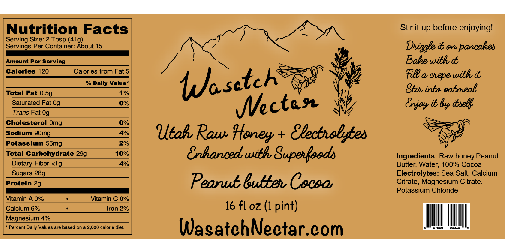 Utah Raw Cocoa Peanut Butter Honey with electrolytes nutrition facts label