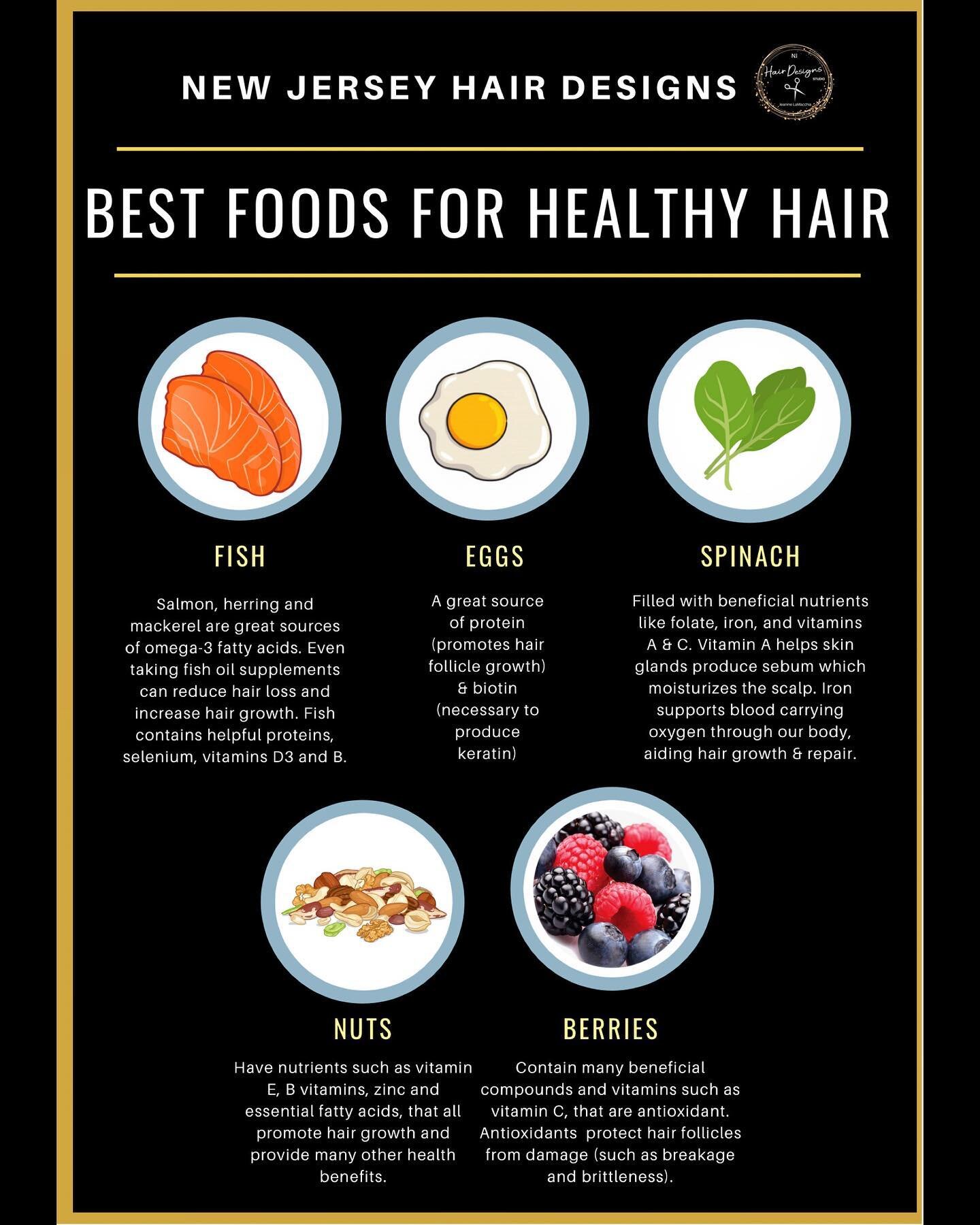 Want to make your hair look and feel healthier? 

Here are simple foods that can promote hair health!🍳🥜🍣

#healthyhair #haireducation #healthyeating #healthyliving #hairhealth #hairbenefits #betterhair 
#hairstylist #bestofnjbeauty #hairstyles #br