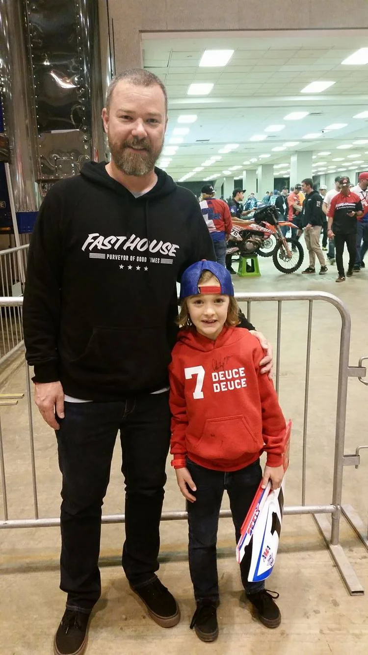 Owen and his dad got all access passes to the race in St. Louis. There were ready for a long action packed day with the rest of the family and with their favorite riders. We were able to meet up with them early on and start their experience with Adam "722" Enticknap and his team. Owen got tons of cool goodies including a number plate from Cole Seely! 