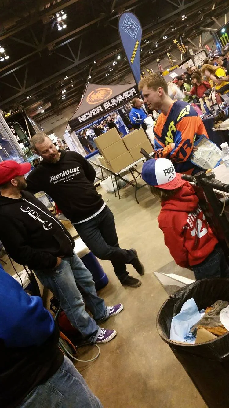 TCE also works with bigger teams to give fans another look at a different side to racing. Team Blue Buffalo Slater Skins is one such team that we were able to give Owen and his family access to. They were able to meet another rider who they all root for in the 250 class, rookie super-star Jerry Robin. Jerry talked to Owen and his family about Owen's racing, the local tracks, and more! They got a chance to meet the team manager, tech's, and even Remy the team mascot! Owen was also given a lot of cool team goodies!