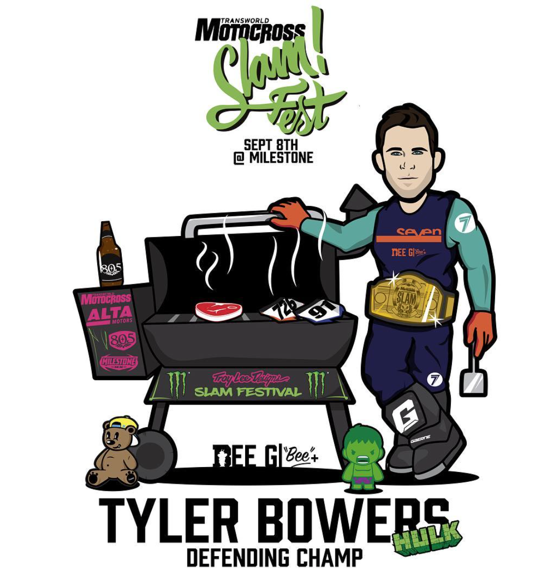 Awesome character drawings like this one of 2018 TCE SX rider Tyler Bowers are some of Bee G's most popular collections. Riders go nuts for these as they are totally unique and seem to highlight their personalities.