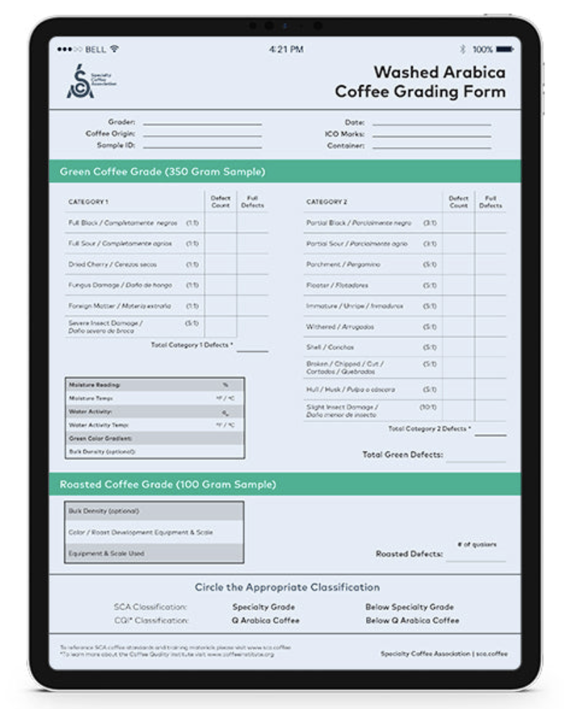 SCA Washed Arabica Coffee Grading Form — Specialty Coffee Association