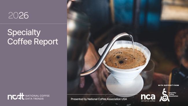 The 2026 National Coffee Data Trends (NCDT) Specialty Coffee Report purple background with text and photo of pour over coffee on right with logos